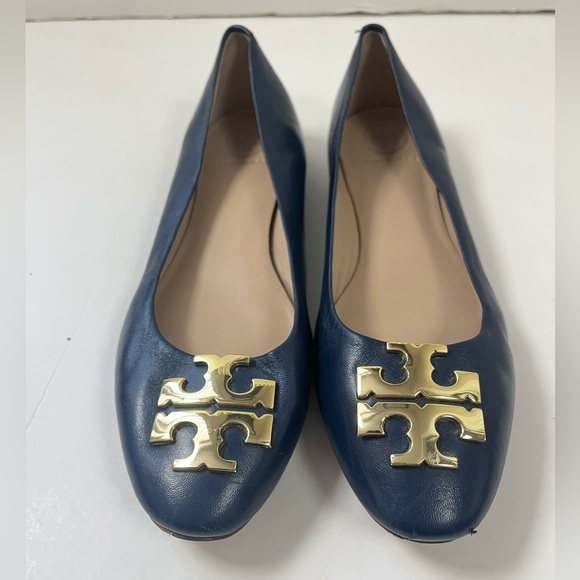 Tory Burch Blue navy leather ballet Flats with Gold logo size 5M - Picture 3 of 10